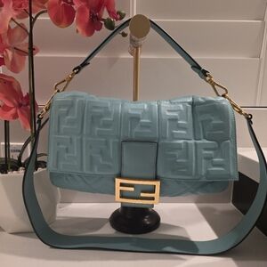 Fendi Baguette bag in turquoise or mercury blue nappa leather